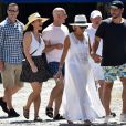 Scooter Braun, sa femme Yael Cohen Braun, Jeff Bezos, sa compagne Lauren Sanchez, et David Geffen en vacances à Portofino en Italie, le 10 août 2019.