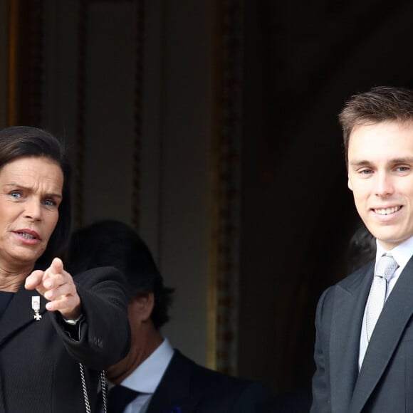 La princesse Stéphanie de Monaco et son fils Louis Ducruet - La famille princière de Monaco au balcon du palais lors de la Fête nationale monégasque à Monaco. Le 19 novembre 2019 © Dominique Jacovides / Bestimage