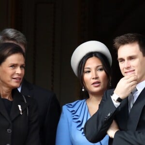 La princesse Stéphanie de Monaco, son fils Louis Ducruet et sa femme Marie Chevallier - La famille princière de Monaco au balcon du palais lors de la Fête nationale monégasque à Monaco. Le 19 novembre 2019 © Dominique Jacovides / Bestimage