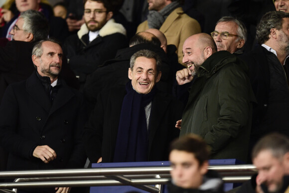 Jean-Claude Blanc, Nicolas Sarkozy et le président du LOSC, Gérard Lopez, assistent au match Paris Saint-Germain - Lille pour la 14e journée du championnat de Ligue 1 Conforama, au Parc des Princes. Paris, le 22 novembre 2019.