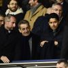 Jean-Claude Blanc, Nicolas Sarkozy et Nasser Al-Khelaifi assistent au match Paris Saint-Germain - Lille pour la 14e journée du championnat de Ligue 1 Conforama, au Parc des Princes. Paris, le 22 novembre 2019.