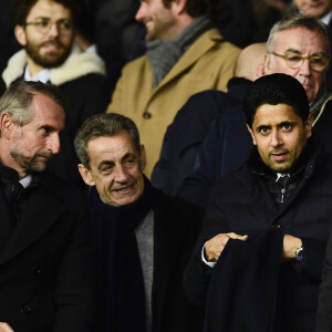 Jean-Claude Blanc, Nicolas Sarkozy et Nasser Al-Khelaifi assistent au match Paris Saint-Germain - Lille pour la 14e journée du championnat de Ligue 1 Conforama, au Parc des Princes. Paris, le 22 novembre 2019.