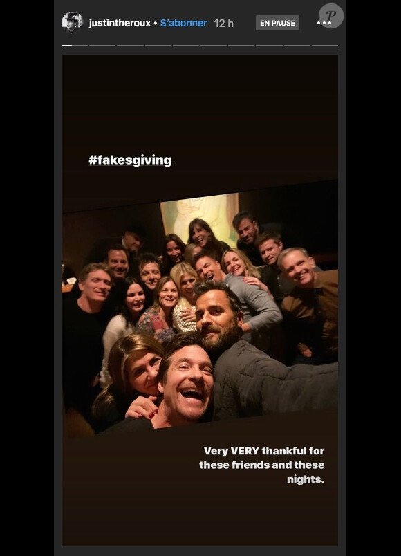 Jennifer Aniston et Justin Theroux passent Thanksgiving ensemble. Photographie publiée sur Instagram le jeudi 28 novembre 2019.