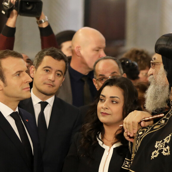 Le président de la République française Emmanuel Macron et Gérald Darmanin, ministre de l'Action et des Comptes Publics - Le président de la République française, sa femme et le pape copte orthodoxe au siège de la papauté copte à la cathédrale Saint-Marcdu Caire à Abbassia, Egypte, le 29 janvier 2019. © Dominique Jacovides/Bestimage