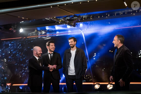 Exclusif - Vincent Niclo, Marc Antoine le Bret, Nikos Aliagas, Cartman - Enregistrement de l'émission "Toute la musique qu'on aime", qui sera diffusée le 31 décembre sur TF1, sur la péniche "Crystal II" à Paris. Le 9 décembre 2019 © Cyril Moreau / Bestimage