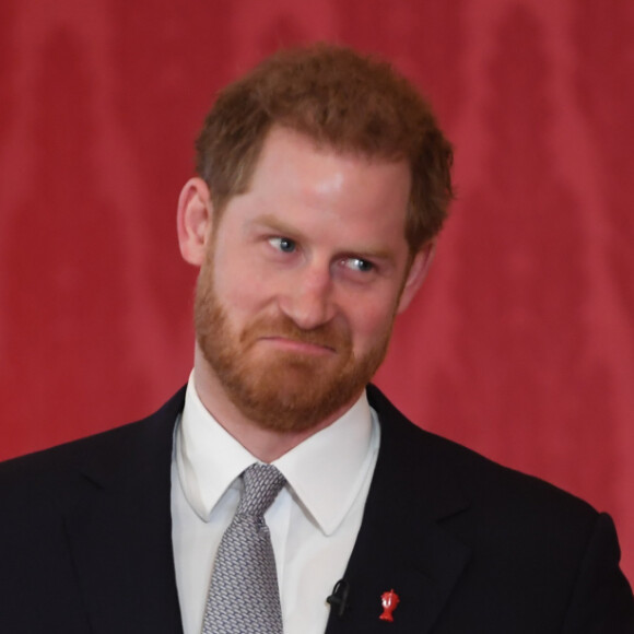 Le prince Harry rencontre des jeunes joueurs de rugby dans les jardins du palais de Buckhingam à Londres le 16 janvier 2020.