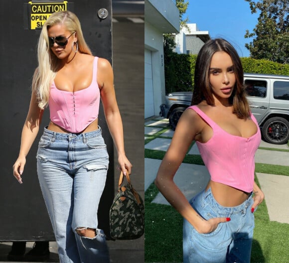 Khloé Kardashian (en septembre 2019) et Nabilla (en janvier 2020) craquent pour le même corset rose bonbon.