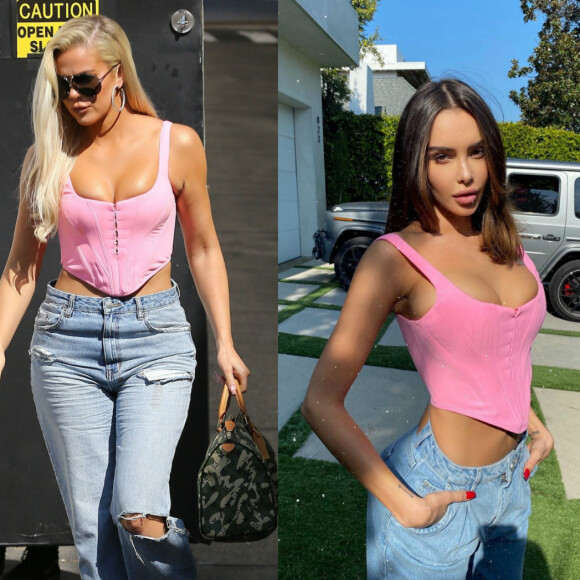 Khloé Kardashian (en septembre 2019) et Nabilla (en janvier 2020) craquent pour le même corset rose bonbon.