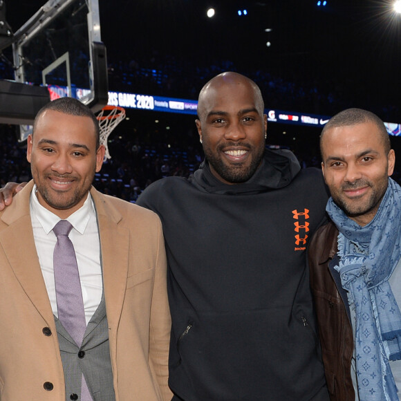 Jean-Michel Aulas, Teddy Riner, Tony Parker et Alessandra Sublet assistent au NBA Game Paris 2020 opposant les Milwaukee Bucks et les Charlotte Hornets à l'AccorHotels Arena. Paris, le 24 janvier 2020. © Veeren / Bestimage