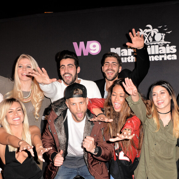Montaine Mounet, Jessica Thivenin, Carla Moreau, Mathieu Lacroix, Paga, Xavier, Jessica Errero (Jessy), Manon, Julien Tanti et Kevin Guedj - Soirée de lancement de la nouvelle émission de télé-réalité "Les Marseillais South America" au cinéma Gaumont Marignan à Paris, le 21 février 2017. © Veeren/Bestimage