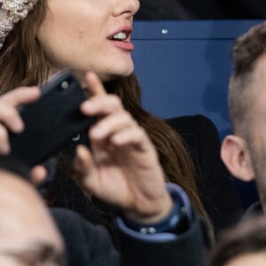 Camille Lacourt et sa compagne Alice Detollenaere (Miss Bourgogne 2010) dans les tribunes lors du match de championnat de Ligue 1 Conforama opposant le Paris Saint-Germain (PSG) aux Girondins de Bordeaux au Parc des Princes à Paris, France, le 23 février 2020. Le PSG a gagné 4-3. © Cyril Moreau/Bestimage