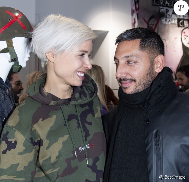 Exclusif - Anne-Sophie Mignaux et son mari Cyril Kamar (dit Kamar et anciennement K. Maro) assistent à la soirée de lancement de la collection "Mae x Madonna" à Paris, le 4 mars 2020. © Pierre Perusseau/Bestimage