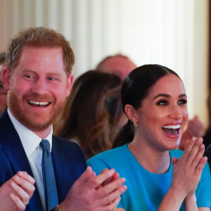 Le prince Harry, duc de Sussex, et Meghan Markle, duchesse de Sussex lors de la cérémonie des Endeavour Fund Awards au Mansion House à Londres, Royaume Uni, le 5 mars 2020.