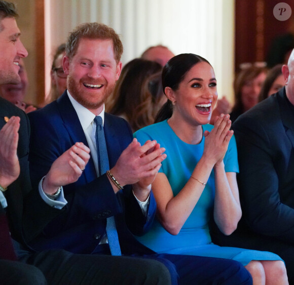 Le prince Harry, duc de Sussex, et Meghan Markle, duchesse de Sussex lors de la cérémonie des Endeavour Fund Awards au Mansion House à Londres, Royaume Uni, le 5 mars 2020.