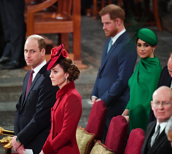 Le prince William, duc de Cambridge, et Kate Middleton, duchesse de Cambridge, le prince Harry, duc de Sussex, et Kate Catherine Middleton, duchesse de Sussex - La famille royale d'Angleterre lors de la cérémonie du Commonwealth en l'abbaye de Westminster à Londres. Le 9 mars 2020.