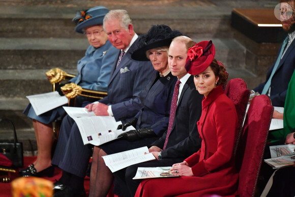 Kate Middleton, duchesse de Cambridge, le prince William, duc de Cambridge, Camilla Parker Bowles, duc hesse de Cornouailles, le prince Charles et la reine Elisabeth II d'Angleterre - La famille royale d'Angleterre lors de la cérémonie du Commonwealth en l'abbaye de Westminster à Londres. Le 9 mars 2020.