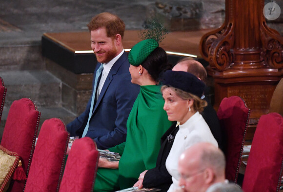 Le prince William, duc de Cambridge, et Kate Middleton, duchesse de Cambridge, le prince Harry, duc de Sussex, Meghan Markle, duchesse de Sussex et la comtesse Sophie de Wessex - La famille royale d'Angleterre lors de la cérémonie du Commonwealth en l'abbaye de Westminster à Londres. Le 9 mars 2020.