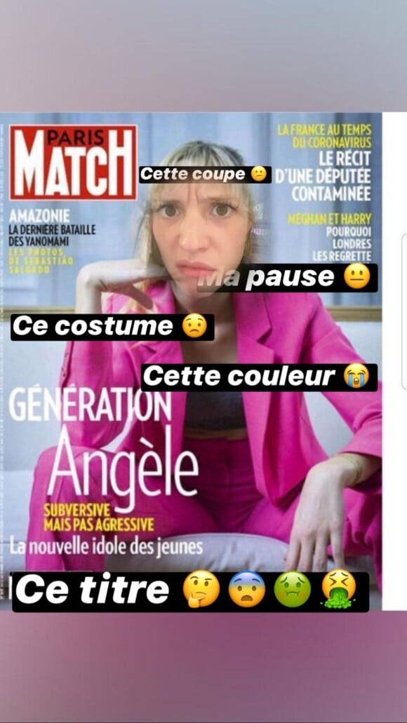 Angèle n'apprécie pas la couverture du magazine "Paris Match". Instagram. Le 12 mars 2020.