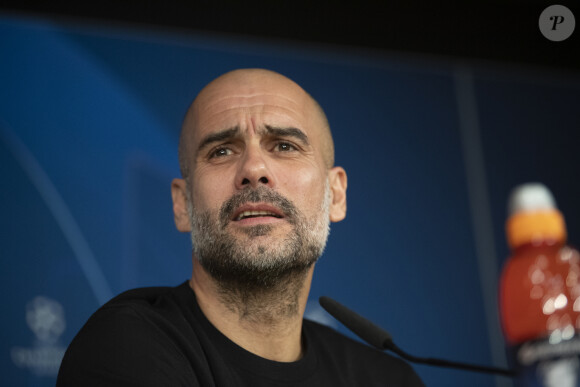 L'entraîneur de Manchester City Pep Guardiola lors d'une conférence de presse au stade Santiago Bernabeu à Madrid, Espagne, le 25 février 2020.