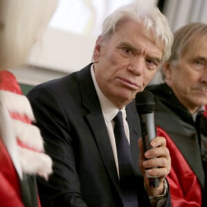 Exclusif - Bernard Tapie, nouveau parrain des étudiants en médecine, en compagnie de sa femme Dominique et de Christian Estrosi (maire de Nice) participe à la rentrée solennelle de la faculté de médecine de Nice, le 22 novembre 2018.