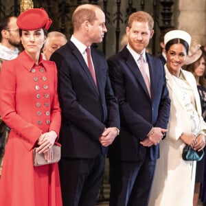 Kate Middleton, duchesse de Cambridge, le prince William, duc de Cambridge, le prince Harry, duc de Sussex, Meghan Markle, enceinte, duchesse de Sussex, le prince Charles, prince de Galles lors de la messe en l'honneur de la journée du Commonwealth à l'abbaye de Westminster à Londres le 11 mars 2019.