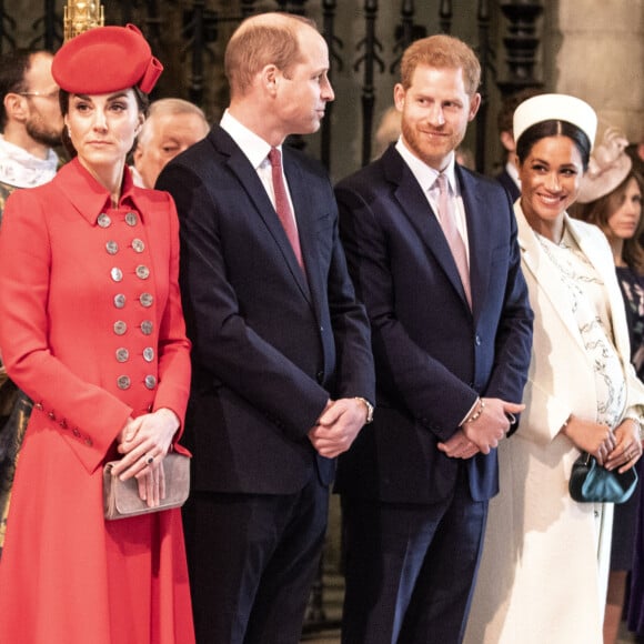 Kate Middleton, duchesse de Cambridge, le prince William, duc de Cambridge, le prince Harry, duc de Sussex, Meghan Markle, enceinte, duchesse de Sussex, le prince Charles, prince de Galles lors de la messe en l'honneur de la journée du Commonwealth à l'abbaye de Westminster à Londres le 11 mars 2019.