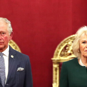 Le prince Charles, prince de Galles, Camilla Parker Bowles, duchesse de Cornouailles, Lors de la remise des Prix Anniversaire de la Reine pour Higher and Further Education à Buckingham Palace, Londres. Le 20 février 2020.