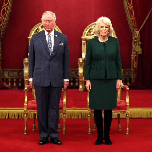 Le prince Charles, prince de Galles, Camilla Parker Bowles, duchesse de Cornouailles, Lors de la remise des Prix Anniversaire de la Reine pour Higher and Further Education à Buckingham Palace, Londres. Le 20 février 2020.