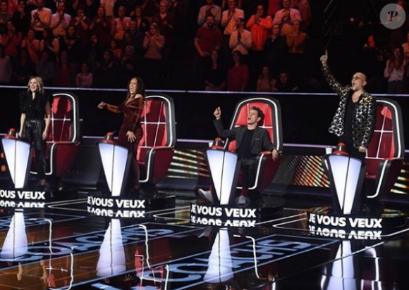 Image TF1 des enregistrement de la prochaine saison de The Voice avec quatre nouveaux coachs : Lara Fabian, Amel Bent, Marc Lavoine et Pascal Obispo