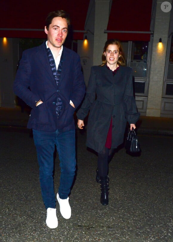 Exclusif - La princesse Béatrice d'York et son compagnon, l'homme d'affaires Edoardo Mapelli Mozzi quittent le restaurant italien "Wild Tavern" à Londres, le 27 février 2020.
