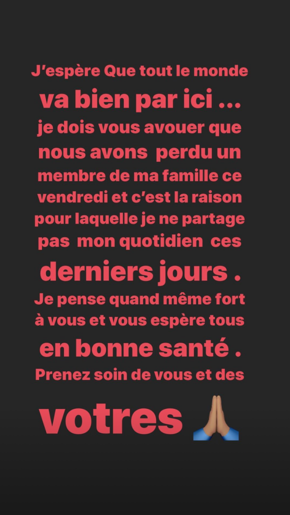 Dans sa story Instagram du lundi 27 avril 2020, Amel Bent annonce la mort de son oncle.
