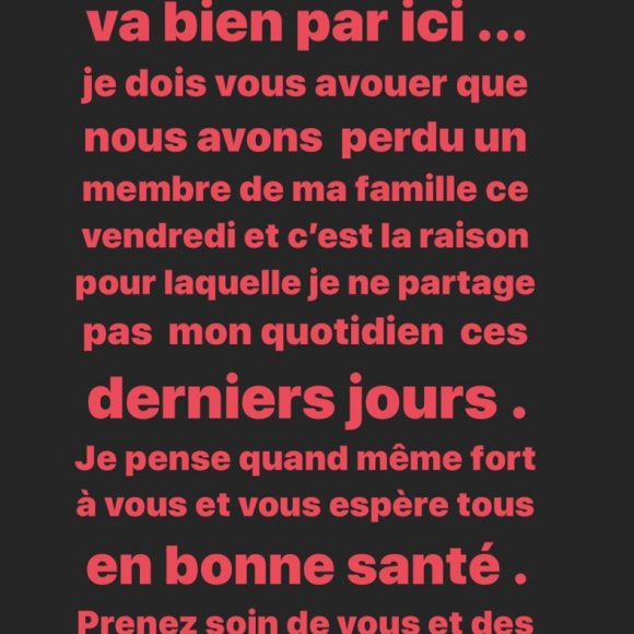 Dans sa story Instagram du lundi 27 avril 2020, Amel Bent annonce la mort de son oncle.
