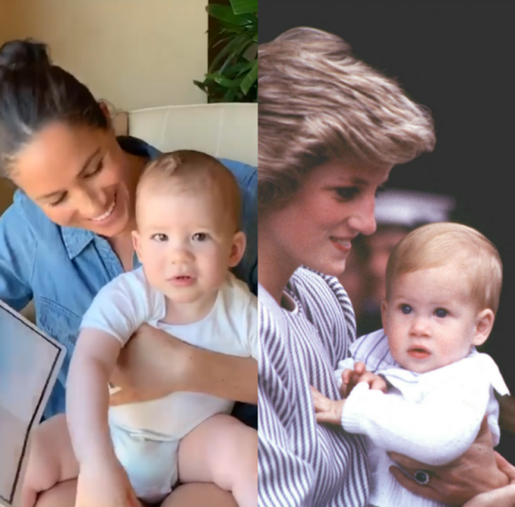 Meghan Marklet et son fils Archie (1 an) sur Instagram, le 6 mai 2020. Diana et son fils Harry (presque 1 an) en 1985.
