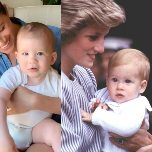 Meghan Marklet et son fils Archie (1 an) sur Instagram, le 6 mai 2020. Diana et son fils Harry (presque 1 an) en 1985.