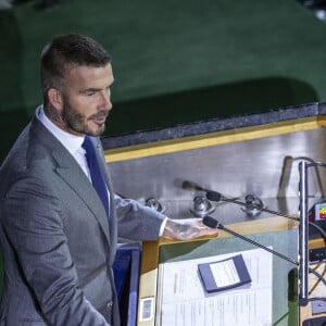 David Beckham fait un discours lors de la réunion sur le 13ème anniversaire de l'adoption de la Convention relative aux droits de l'enfant au siège de l'ONU à New York, le 20 novembre 2019.