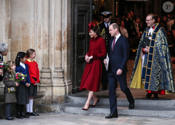 Le prince William, duc de Cambridge, et Kate Middleton, duchesse de Cambridge - La famille royale d'Angleterre à la sortie de la cérémonie du Commonwealth en l'abbaye de Westminster à Londres, le 9 mars 2020.