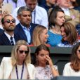 James Middleton, sa compagne Alizee Thevenet, Carole Middleton et Pippa Middleton à la finale homme du tournoi de Wimbledon "Novak Djokovic - Roger Federer (7/6 - 1/6 - 7/6 - 4/6 - 13/12)" à Londres, le 14 juillet 2019.
