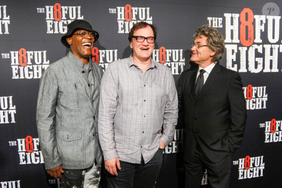 Quentin Tarantino entouré de Samuel L Jackson et Kurt Russell lors de l'avant-première des Huit Salopards à Sydney en Australie en janvier 2016.