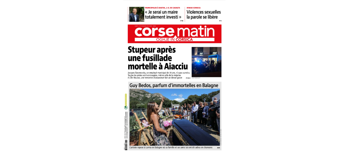 Photo Une de "CorseMatin", avec l'inhumation de Guy Bedos à Lumio