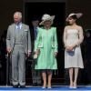 Le prince Harry, duc de Sussex, le prince Charles, prince de Galles, Camilla Parker Bowles, duchesse de Cornouailles, Meghan Markle, duchesse de Sussex lors de la garden party pour les 70 ans du prince Charles au palais de Buckingham à Londres. Le 22 mai 2018