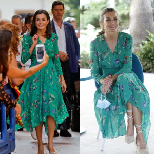 Letizia d'Espagne dans sa robe Maje : à Oviedo, le 25 juillet 2019, et le 24 juin 2020 à Playa de Palma.