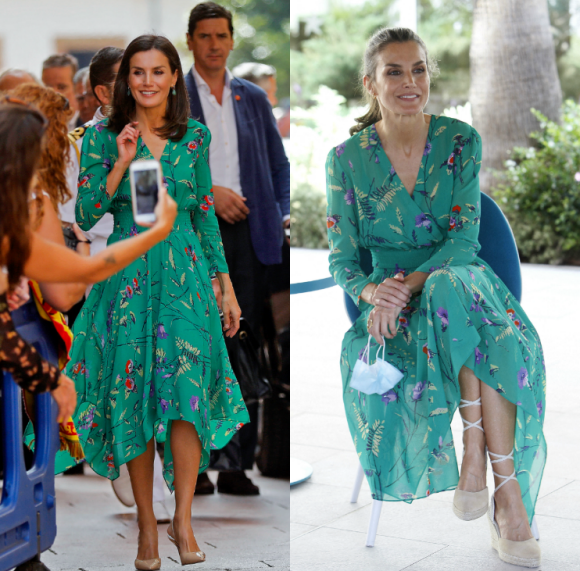 Letizia d'Espagne dans sa robe Maje : à Oviedo, le 25 juillet 2019, et le 24 juin 2020 à Playa de Palma.