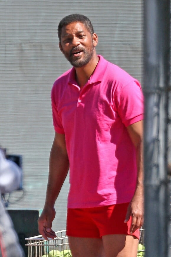 Exclusif - Will Smith interprète Richard Williams, le père et entraîneur des célèbres joueuses de tennis Venus et Serena, lors du tournage du biopic "King Richard" à Los Angeles, le 28 février 2020.