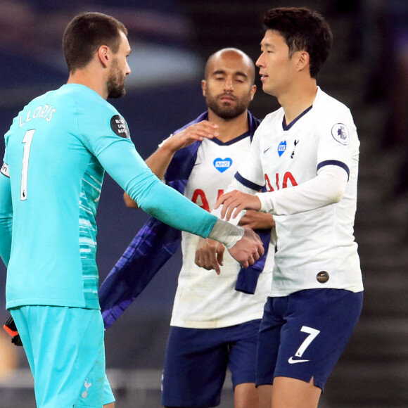 Hugo Lloris et Son Heung-min lors du match de Premier League Tottenham contre Everton le 6 juillet 2020. Adam Davy/NMC Pool/PA Wire.