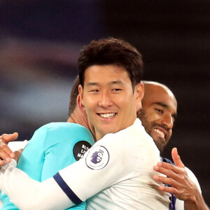 Hugo Lloris et Son Heung-min lors du match de Premier League Tottenham contre Everton le 6 juillet 2020. Adam Davy/NMC Pool/PA Wire.