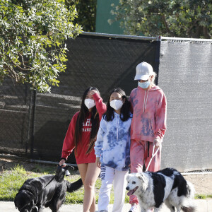 Christina arrive en fin d'après-midi chez Laeticia avec son chien Bono et des masques de protection à la main. Laeticia Hallyday, ses filles Jade et Joy, Christina, avec des masques, et leurs chiens Santos, Cheyenne et Bono se promènent dans le quartier de Pacific Palisades, à Los Angeles, Californie, Etats-Unis, le 3 avril 2020, pendant la période de confinement.