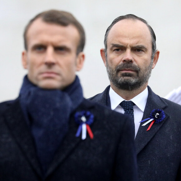 Le président de la République française Emmanuel Macron et le Premier Ministre français Édouard Philippe - Cérémonie internationale du centenaire de l'Armistice du 11 novembre 1918 à l'Arc de Triomphe à Paris, France, le 11 novembre 2018. © Dominique Jacovides/Bestimage