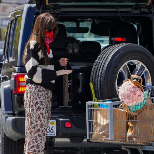 Exclusif - L'actrice de 30 ans, Dakota Johnson et son compagnon Chris Martin, bandana pour elle et masque chirurgical pour lui en guise de protection contre le coronavirus (Covid-19), font des courses à Malibu, le 28 juin 2020.