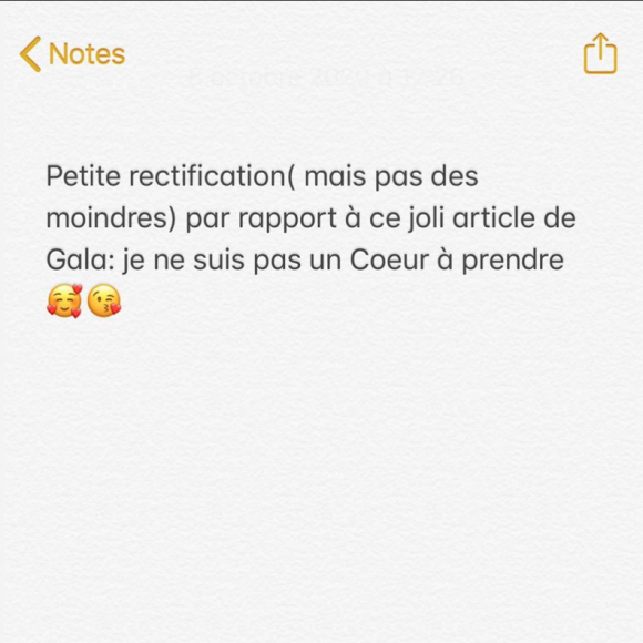 Malika Ménard n'est "pas un coeur à prendre", une précision faite dans sa story Instagram du jeudi 8 octobre 2020.