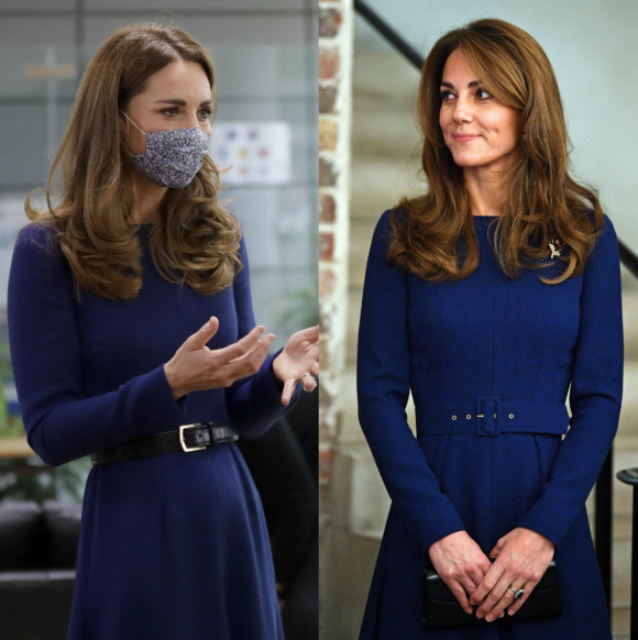 Kate Middleton recycle sa robe bleue Emilia Wickstead lors d'une sortie à l'Imperial College de Londres, le 14 octobre 2020. Elle l'avait déjà portée en novembre 2019.
